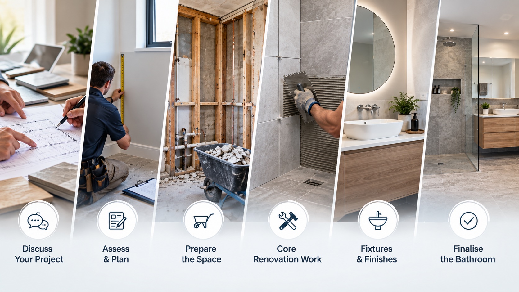 Bathroom renovation process in Melbourne: discuss, assess and plan, prepare the space, core renovation work, fixtures and finishes, finalise