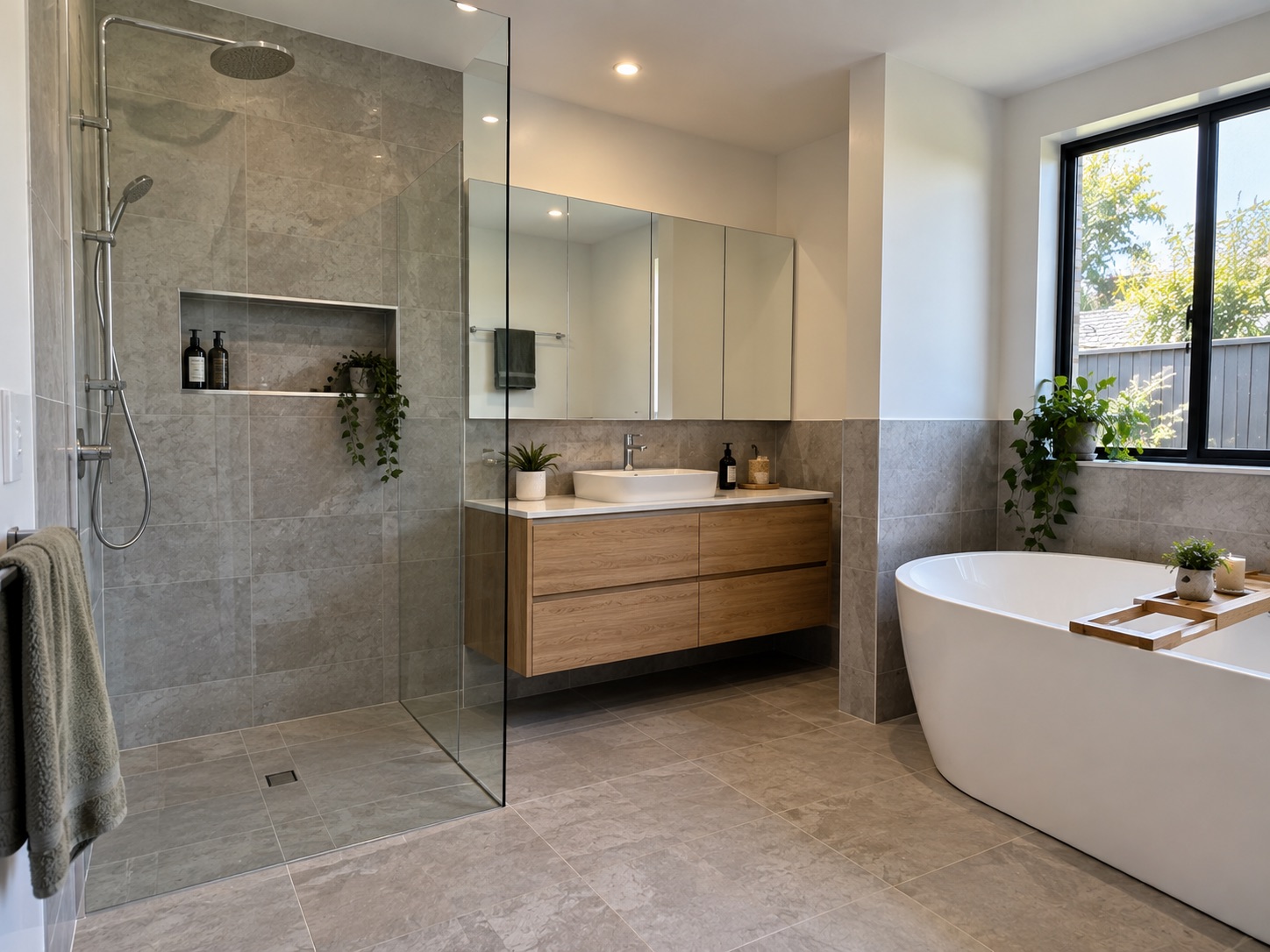 Bathroom renovation in Melbourne with walk-in shower, timber vanity and freestanding bath
