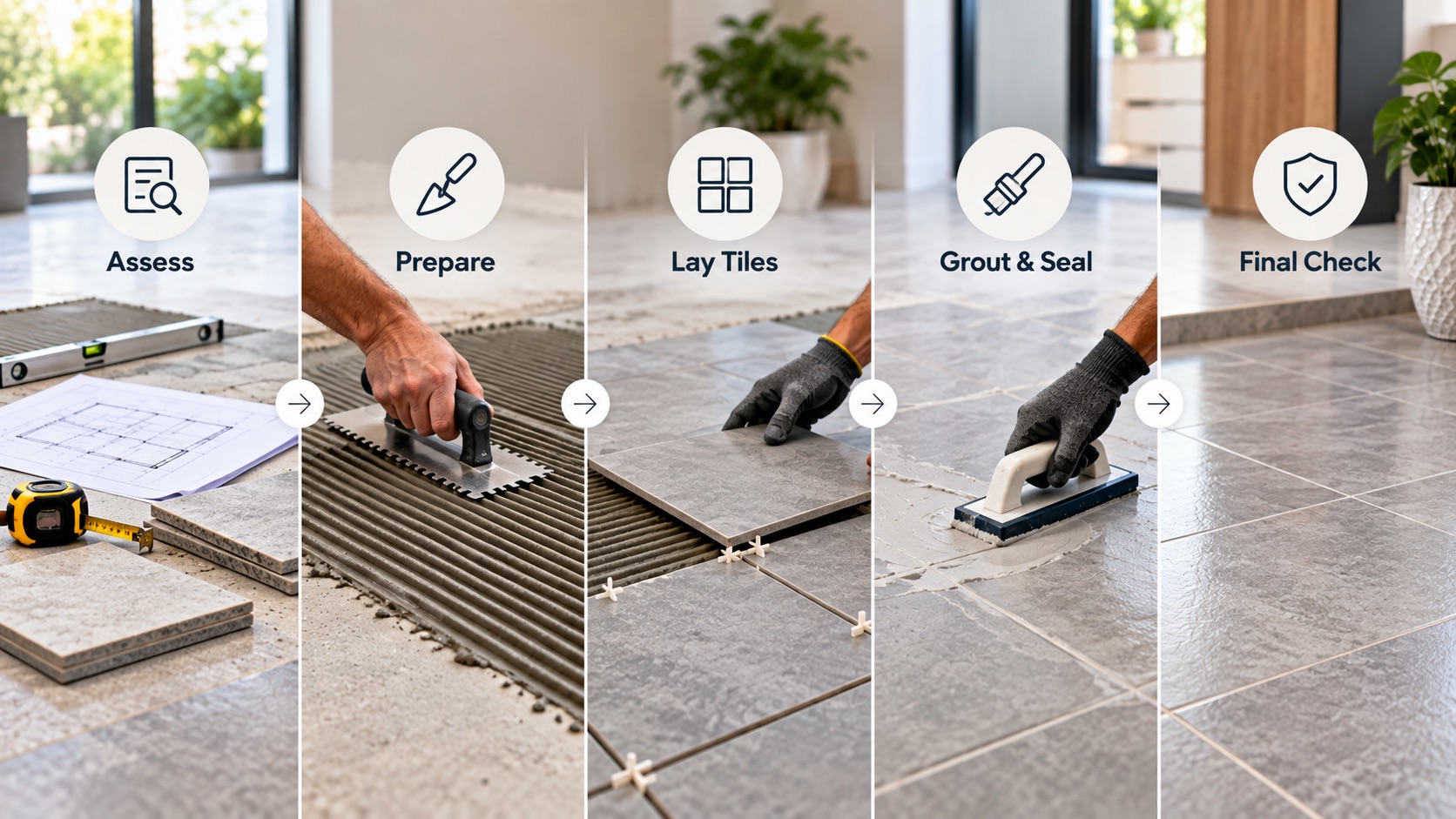 Tiling process in Melbourne: assess, prepare, lay tiles, grout and seal, final check