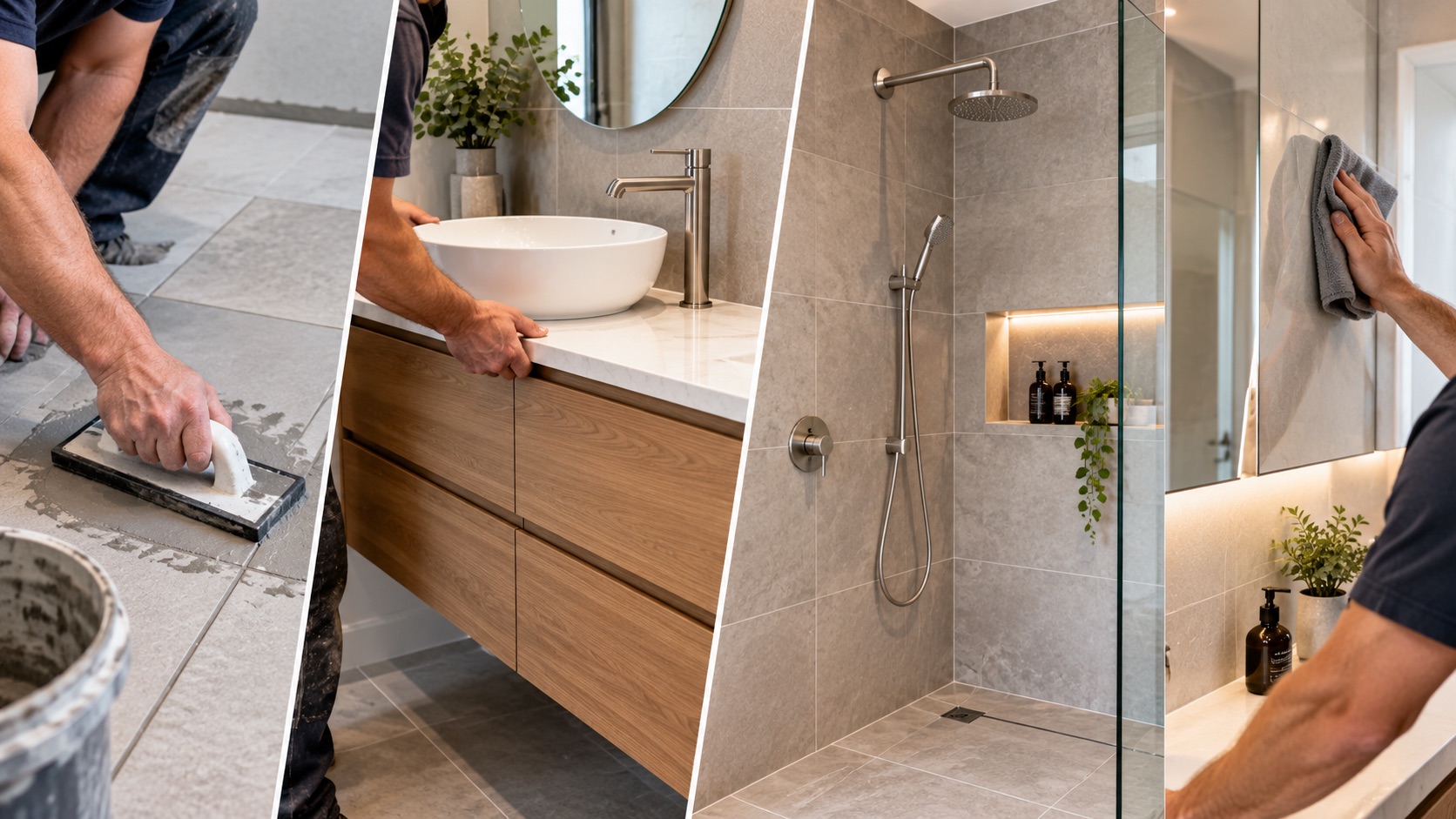 Full bathroom upgrade in Melbourne: floor tiling, vanity installation, shower fit-out and final finishing