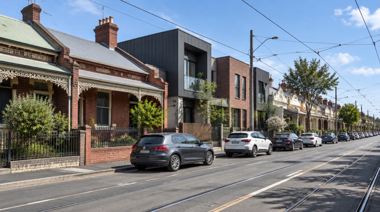 Victorian terraces and contemporary townhouses on a Brunswick street, Melbourne