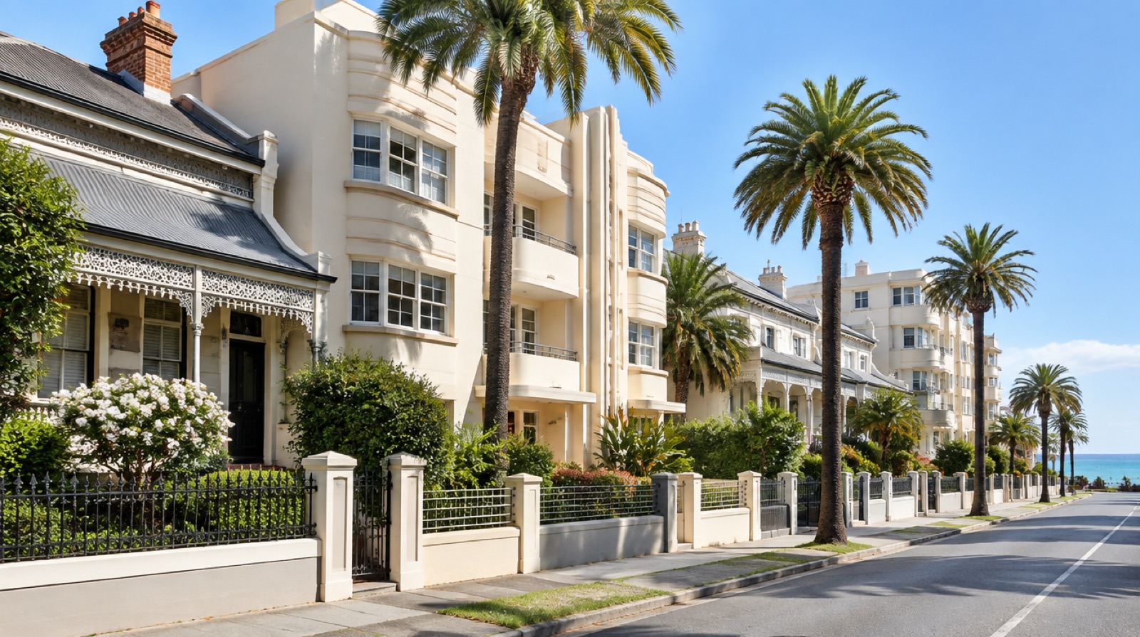 Art Deco apartments and restored period homes on a St Kilda street, Melbourne