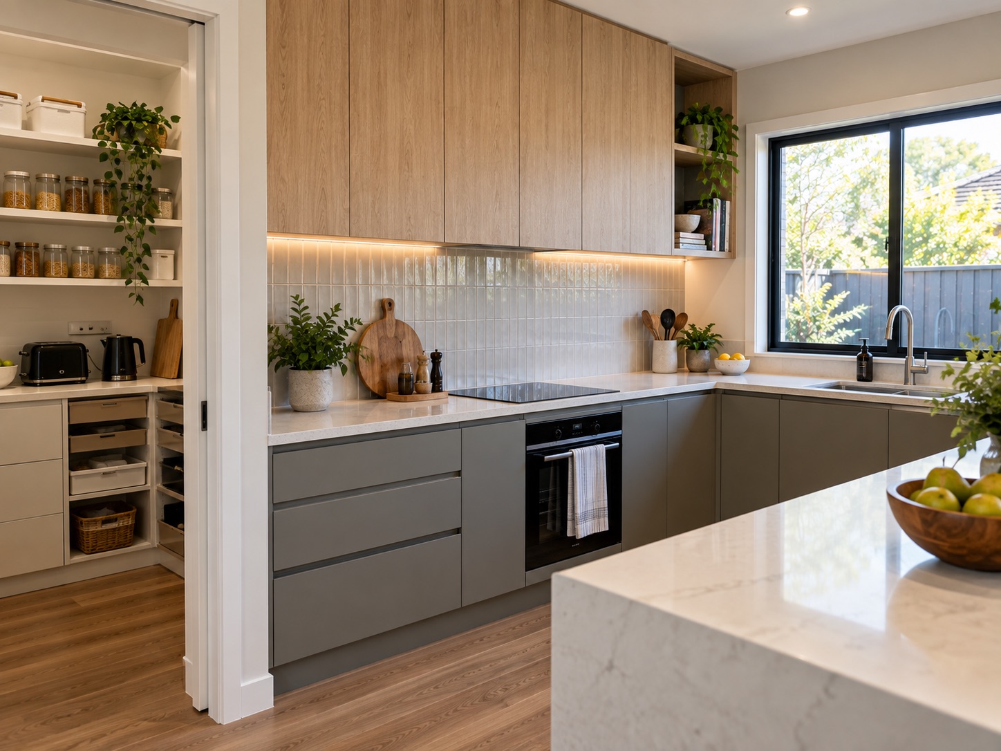 Kitchen renovation in Melbourne with timber cabinetry, grey drawers, stone benchtops and walk-in pantry