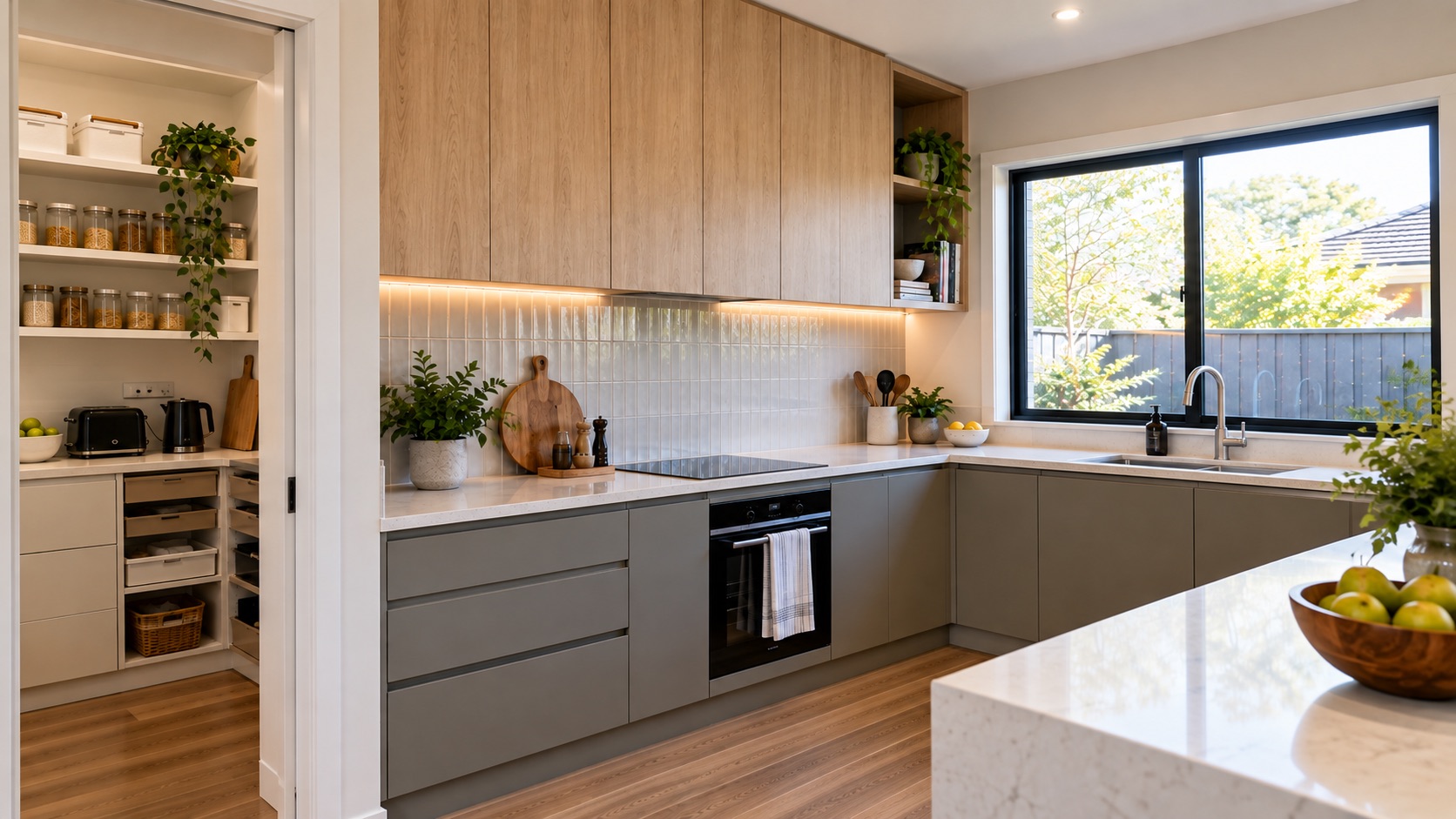 Completed kitchen renovation in Melbourne with timber overhead cabinets, grey drawers, stone benchtops and walk-in pantry