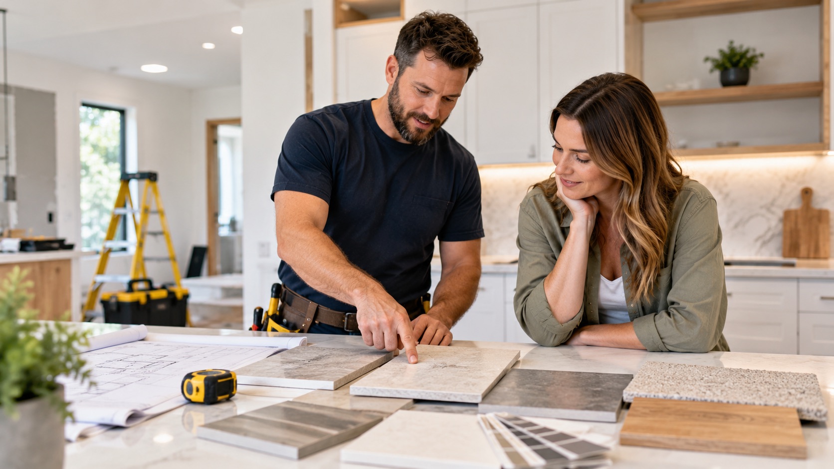 MB Renovations tradesperson reviewing material samples with a Melbourne homeowner