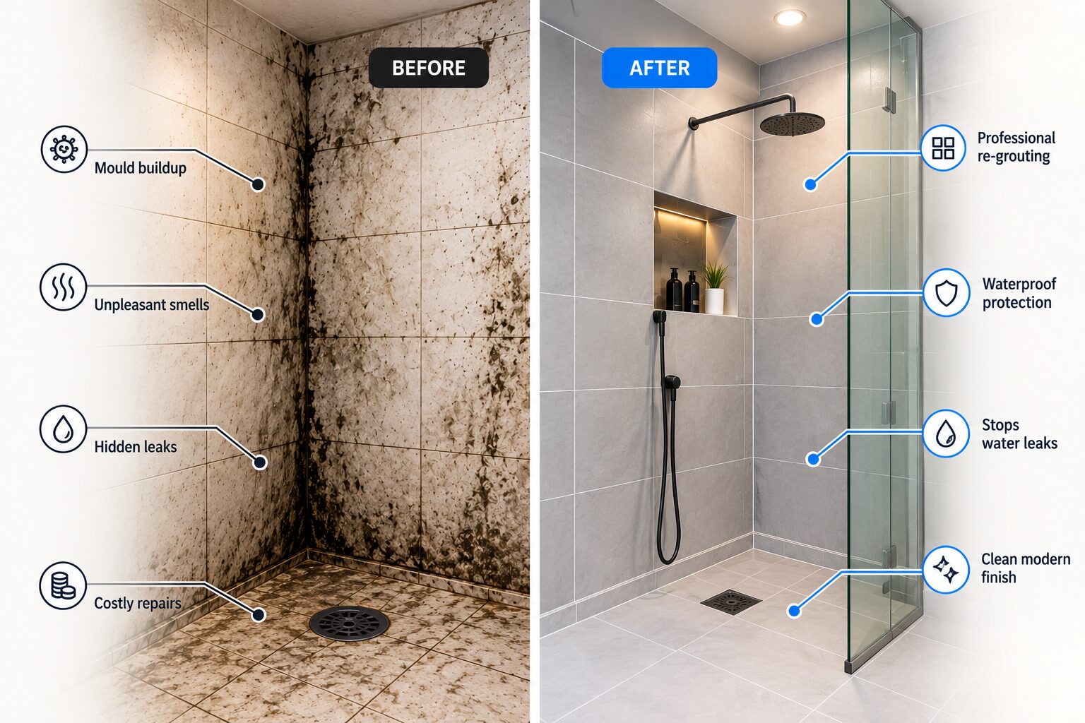 Shower before and after regrouting and resiliconing: mould, failed grout and hidden leaks on the left, a clean regrouted shower with waterproof silicone on the right