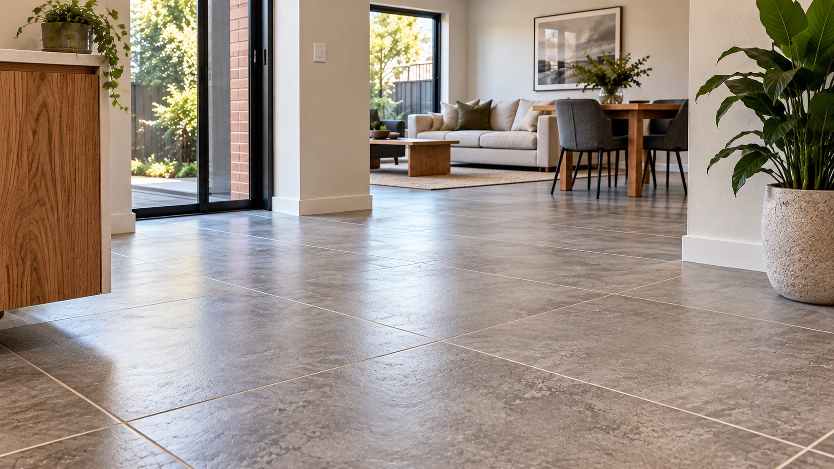 Large-format grey floor tiles laid through an open-plan living and dining area in Melbourne