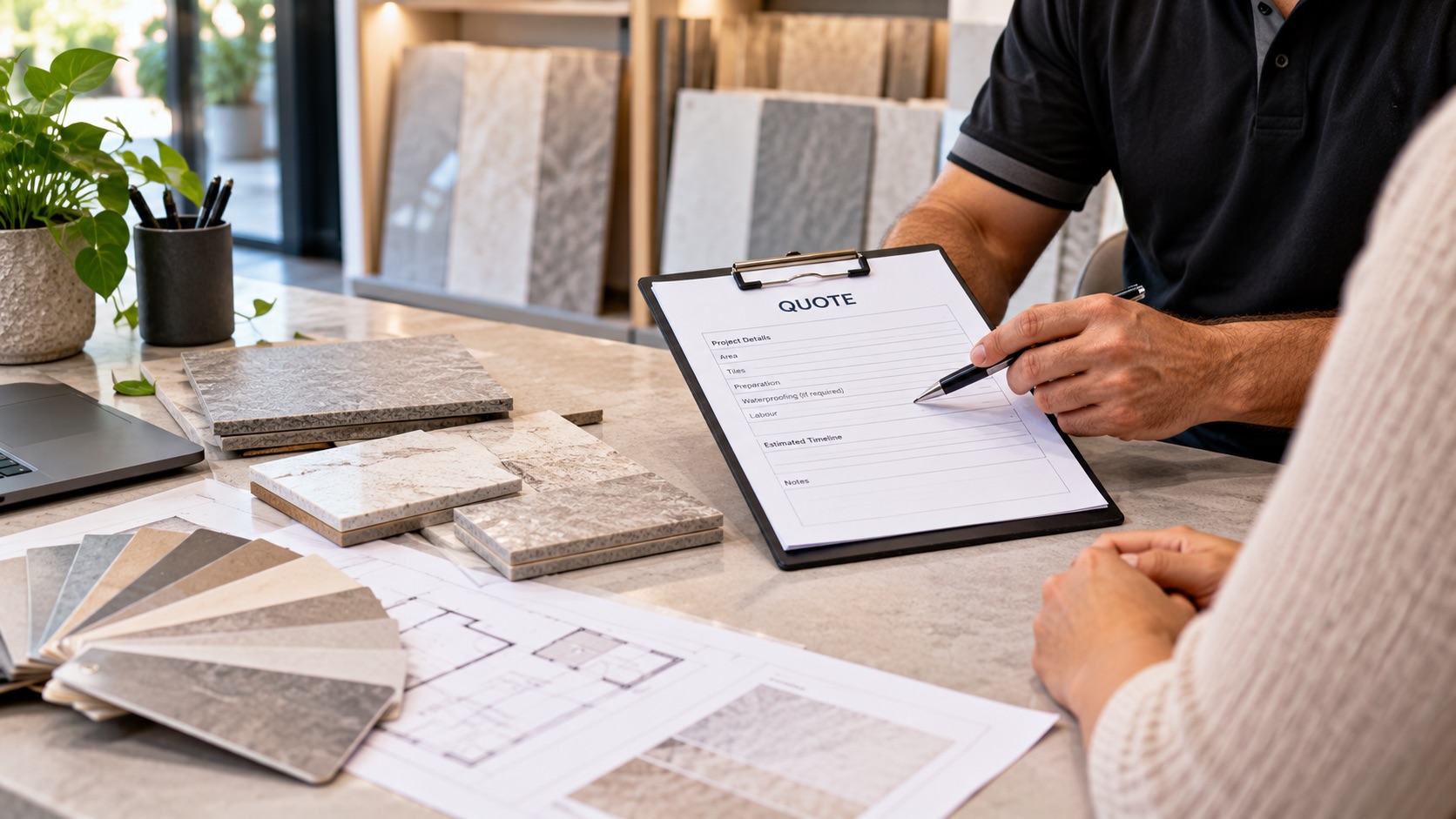 Tiling service provider in Melbourne reviewing an itemised tiling quote with tile samples and floor plans