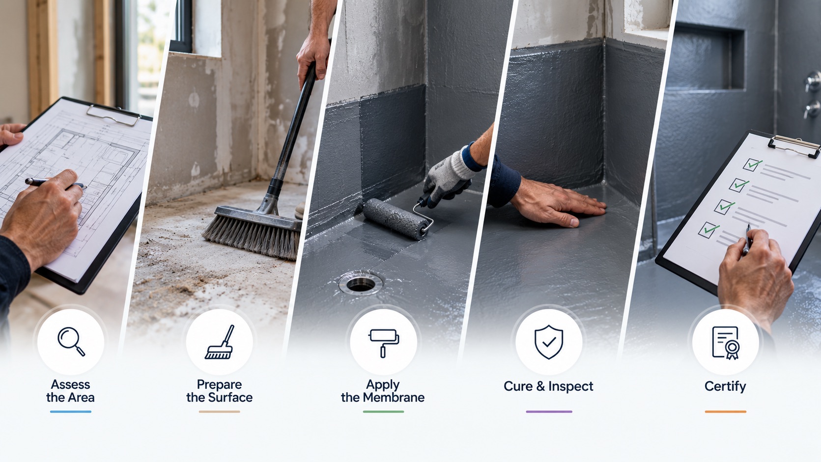 Waterproofing process in Melbourne: assess the area, prepare the surface, apply the membrane, cure and inspect, certify