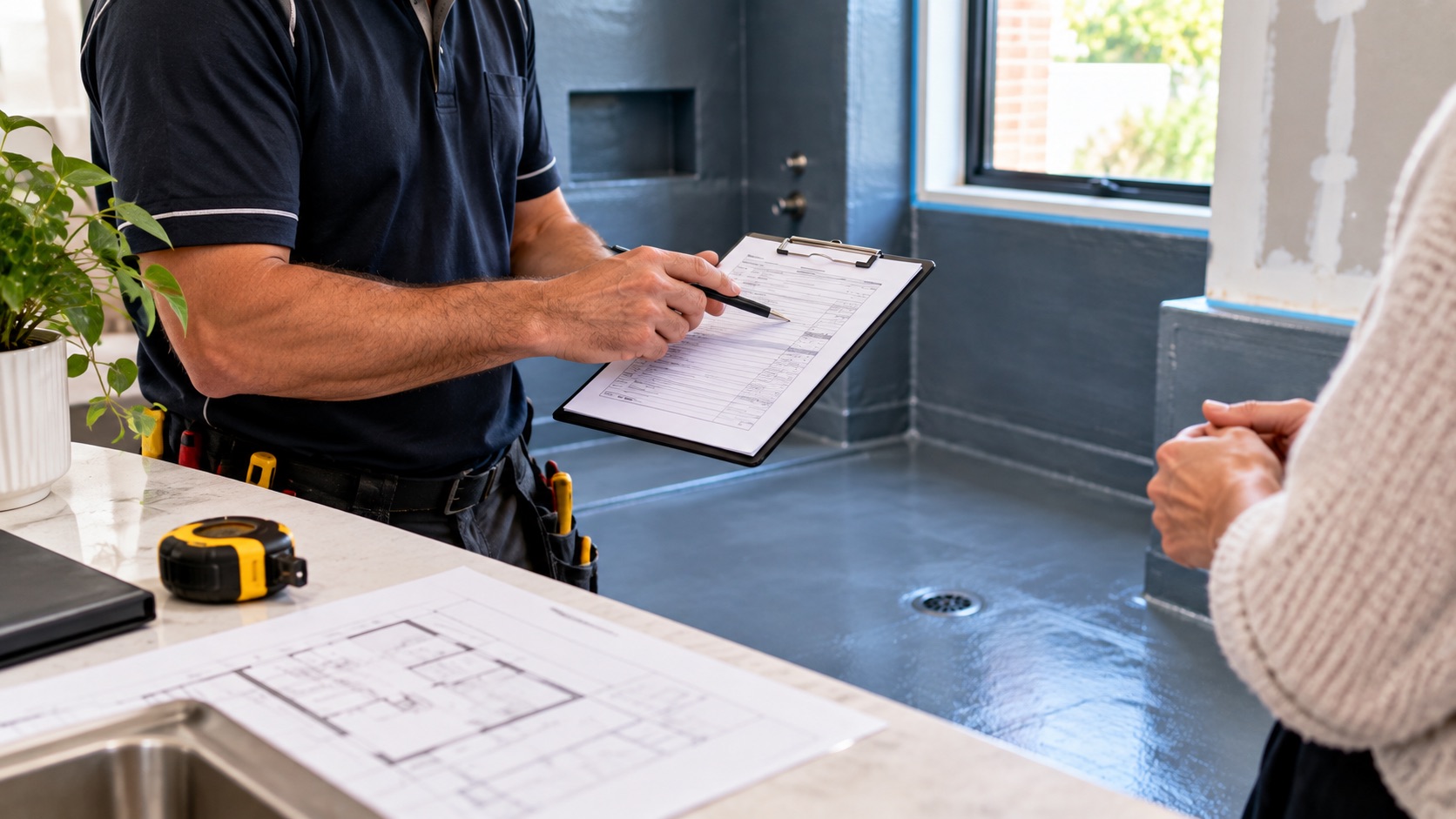 Waterproofing provider in Melbourne talking a homeowner through the compliance paperwork beside a finished shower membrane